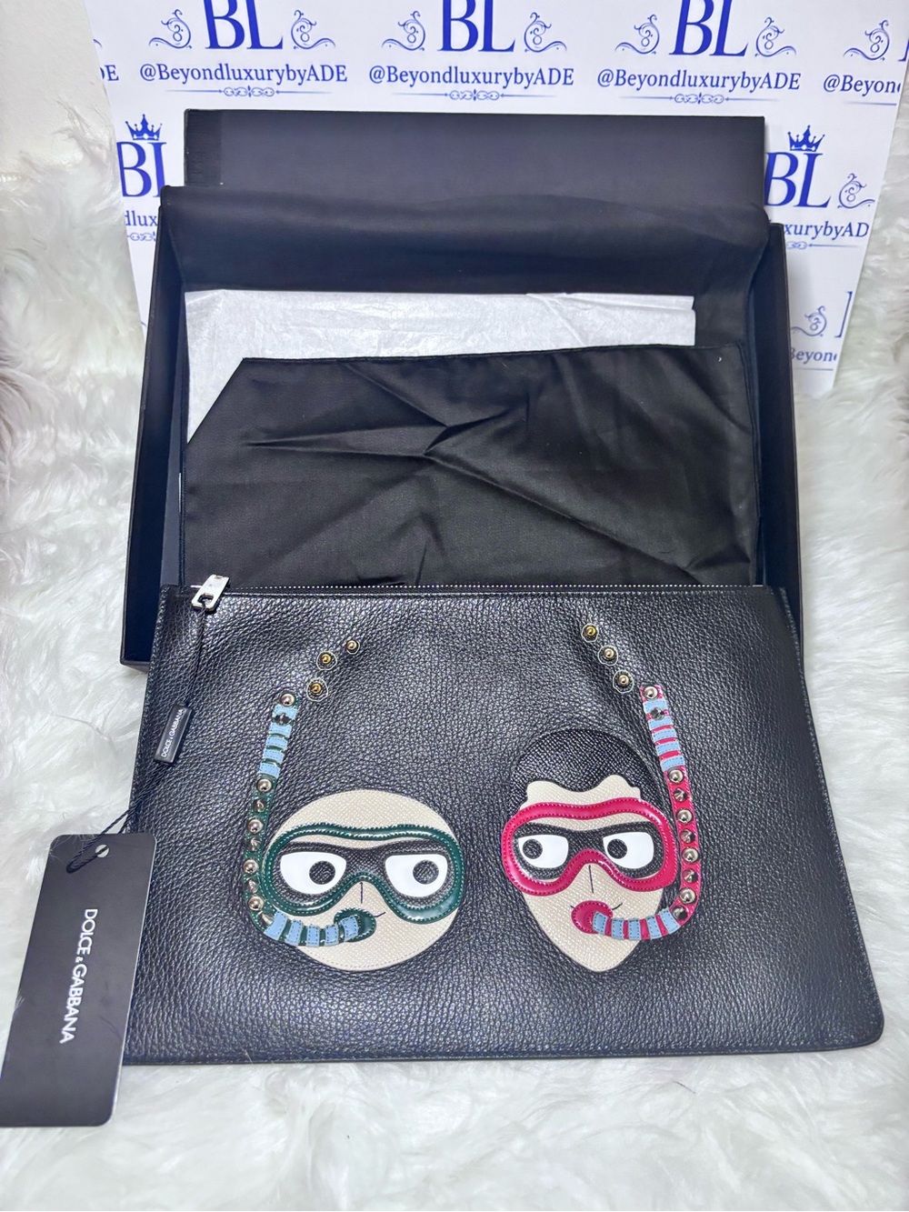 Dolce & Gabbana family Black Leather Zip Pouch with Colorful Mask Patches